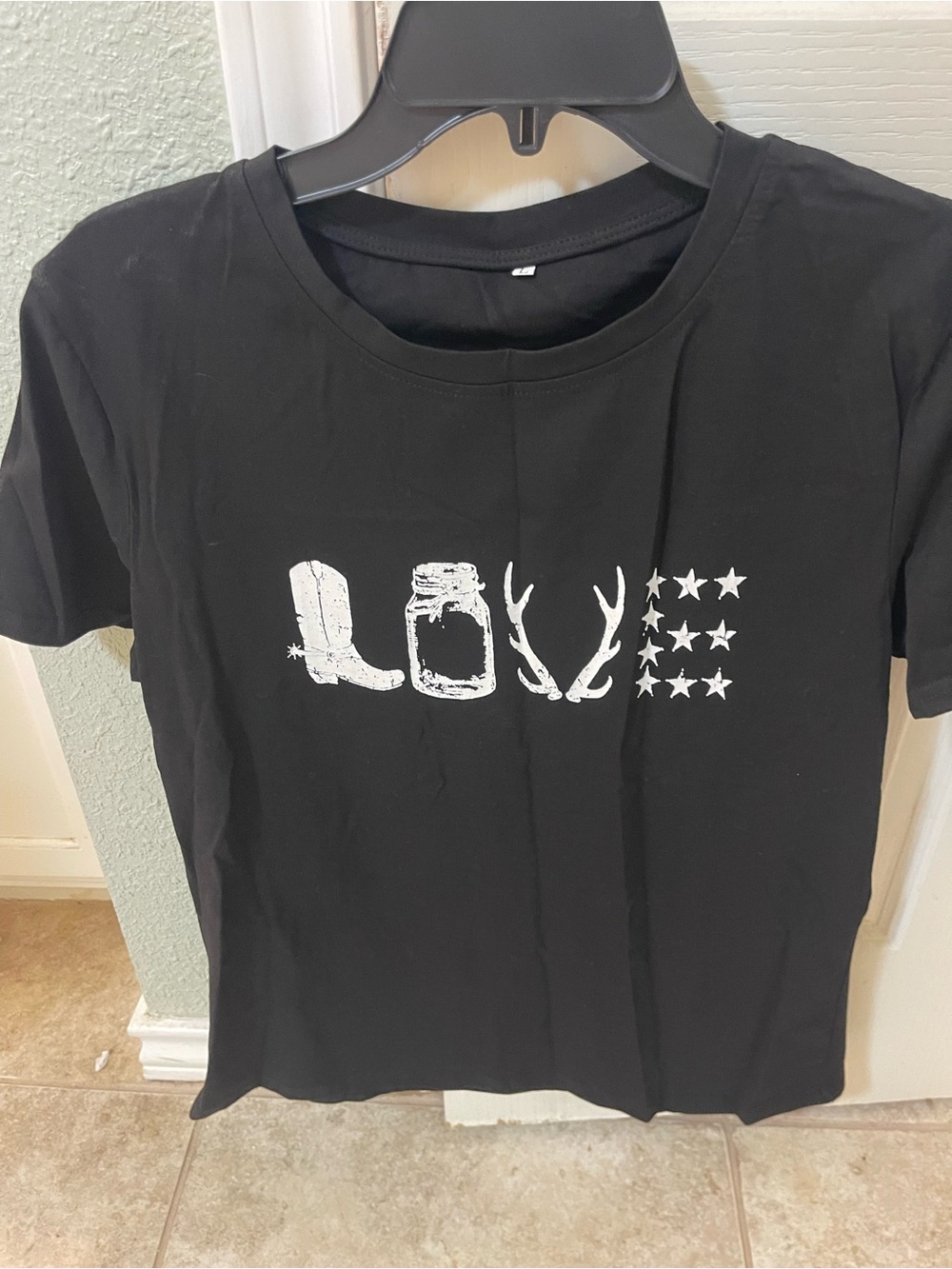 Black Graphic 'Love' T-Shirt with Mason Jar, Boot & Antlers